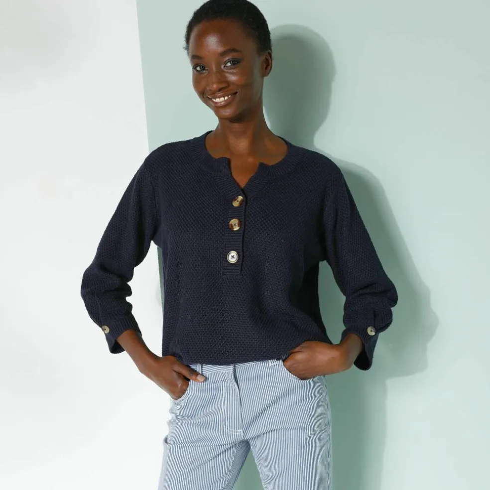 Pull col tunisien manches 3/4, maille fantaisie