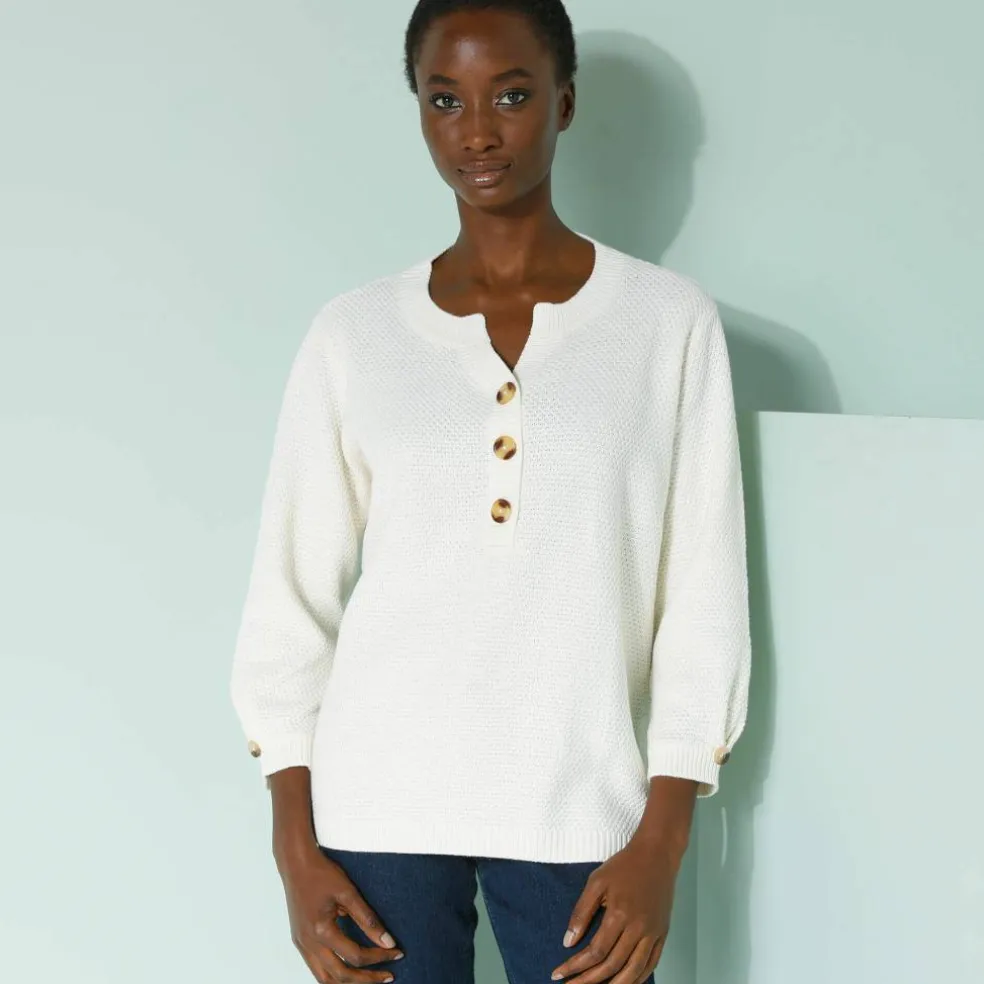 Pull col tunisien manches 3/4, maille fantaisie