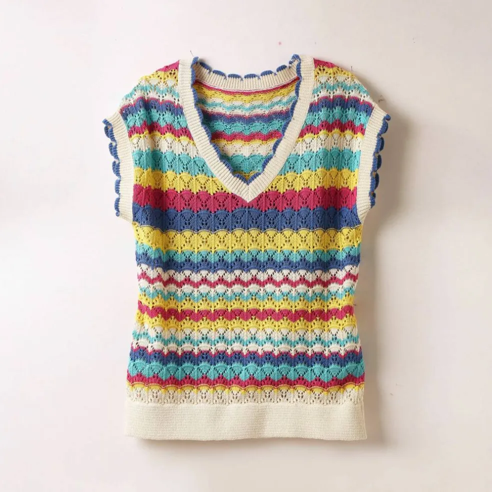 Pull rayé en crochet festonné col V, manches courtes