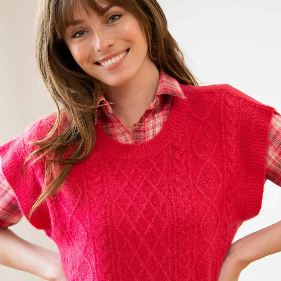 Pull torsadé sans manches, épaules tombantes