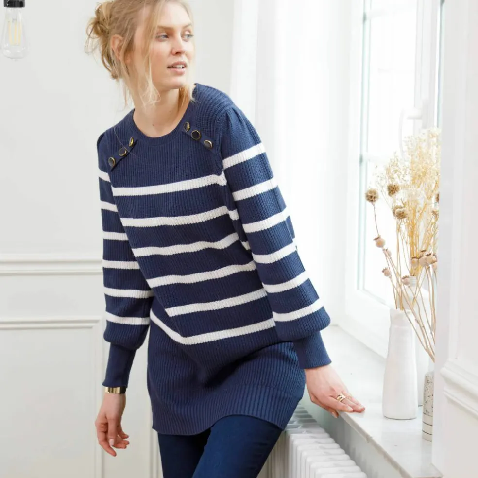 Pull tunique boutons fantaisie, rayé