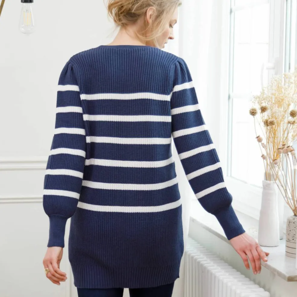Pull tunique boutons fantaisie, rayé