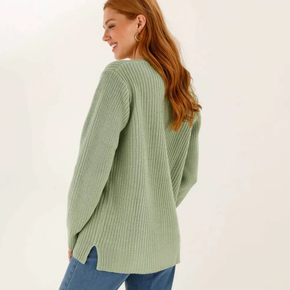 Pull tunique col V, maille anglaise