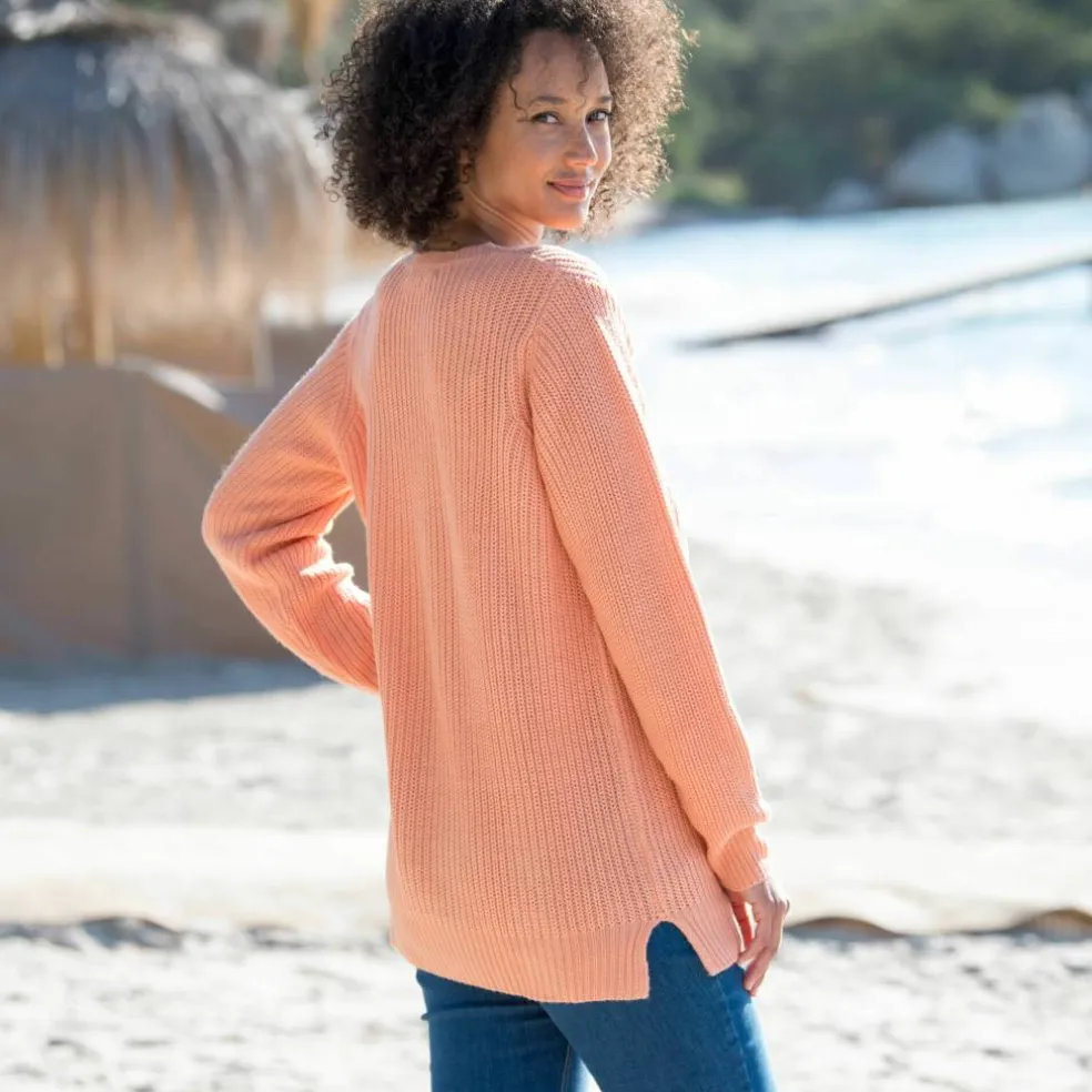 Pull tunique col V, maille anglaise