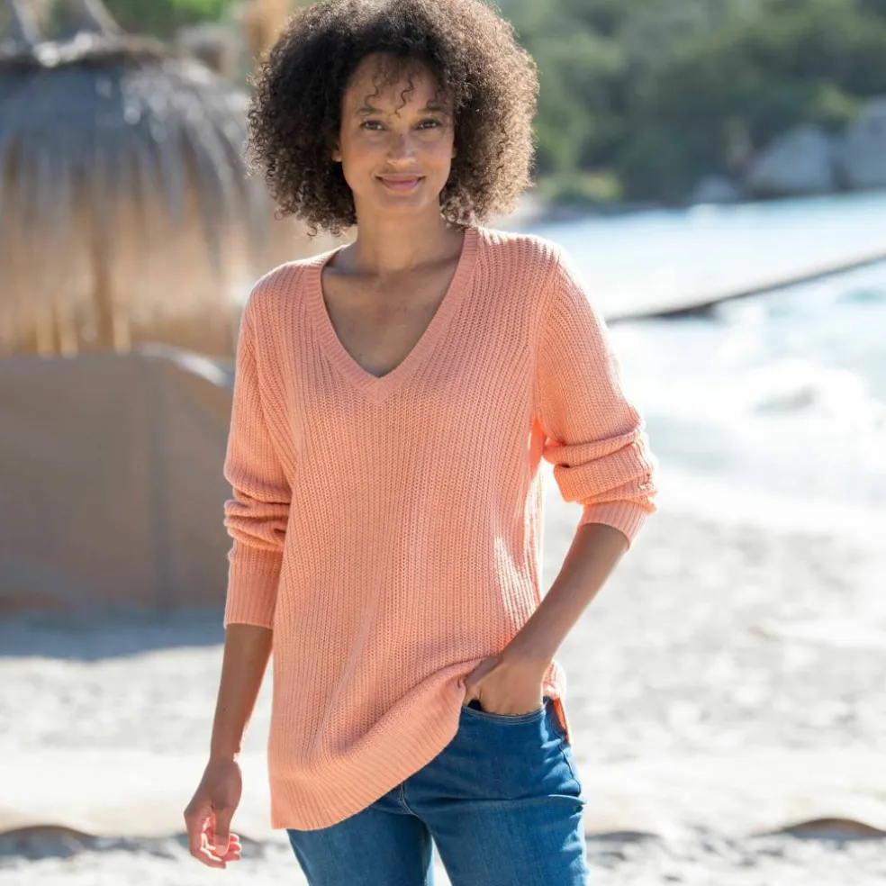 Pull tunique col V, maille anglaise