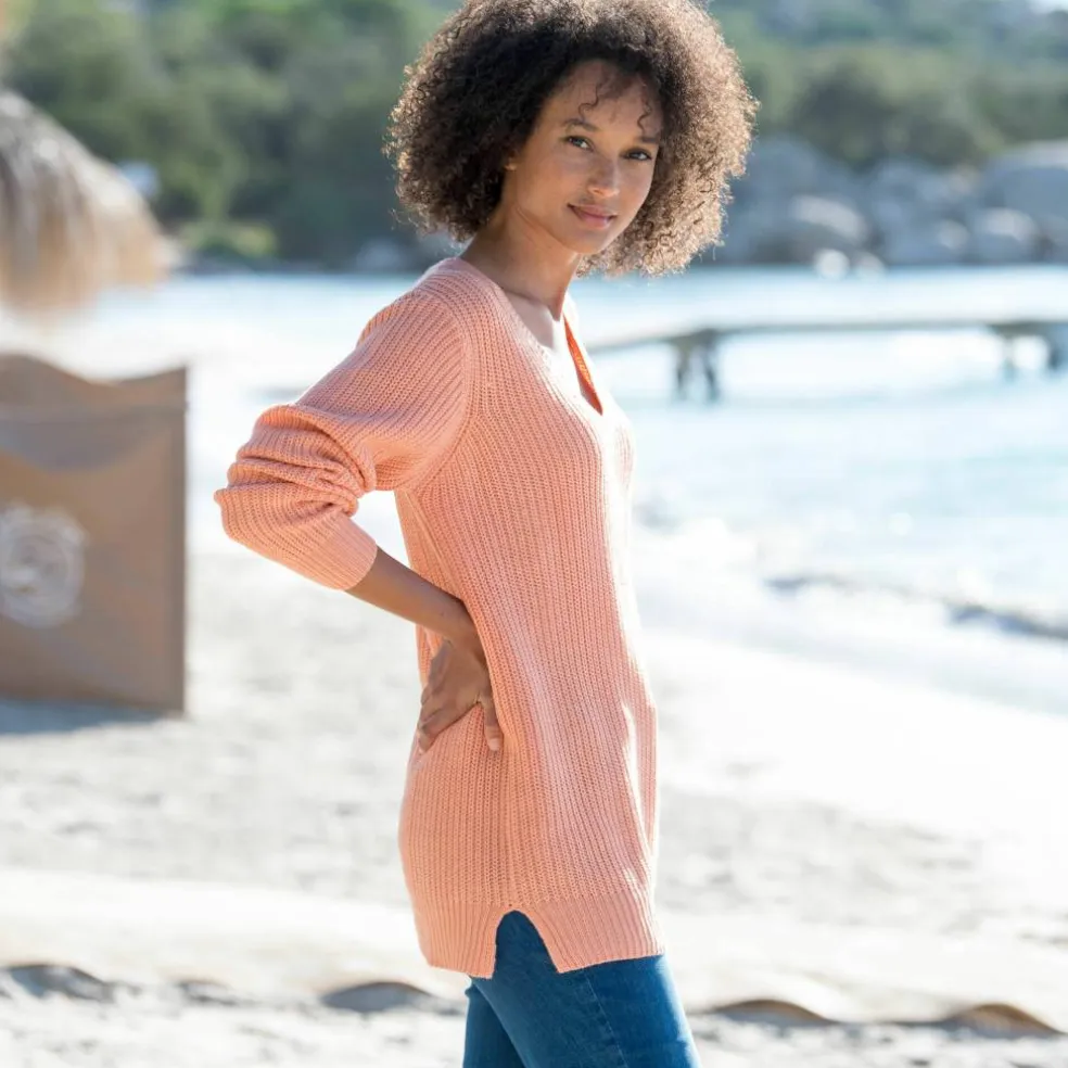 Pull tunique col V, maille anglaise
