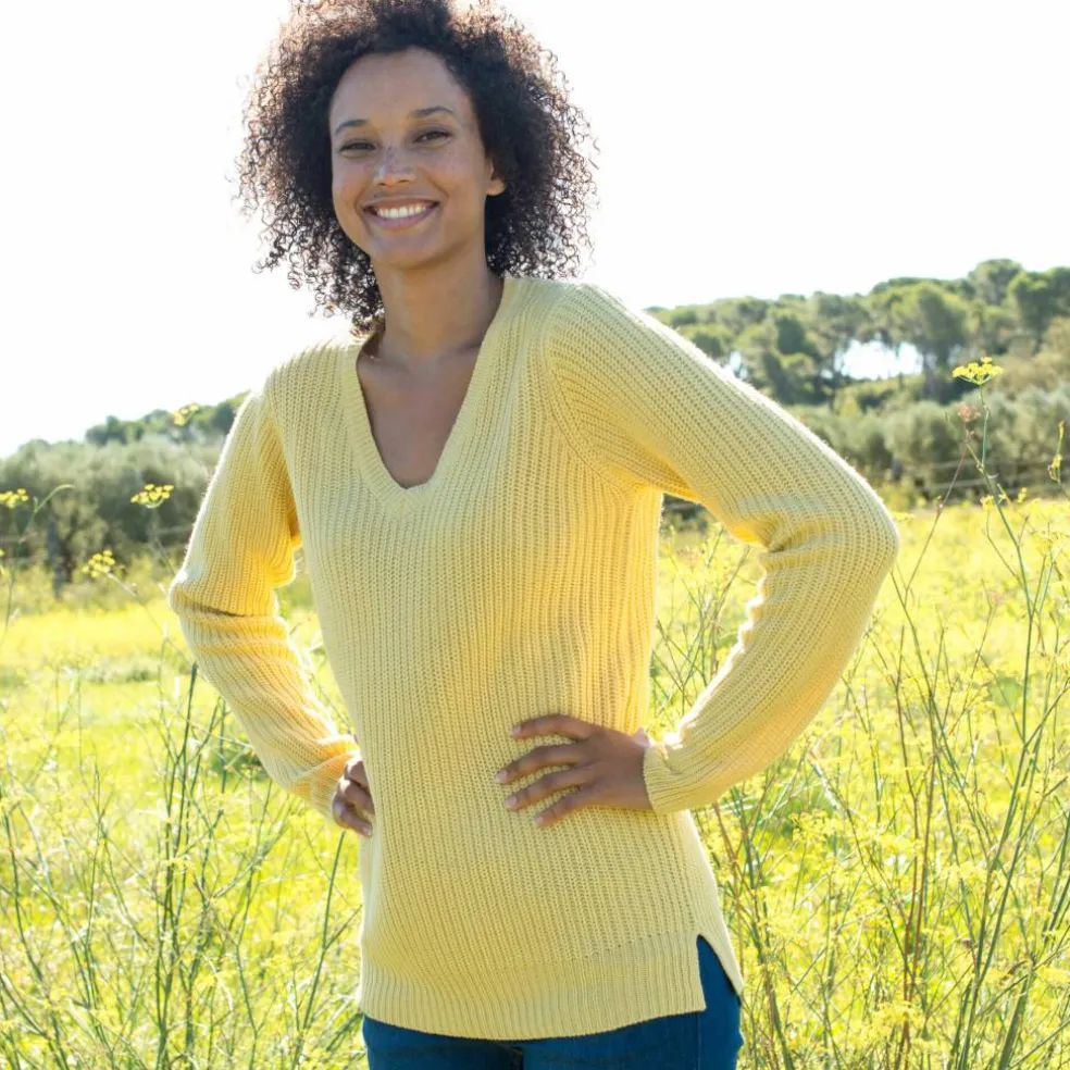 Pull tunique col V, maille anglaise
