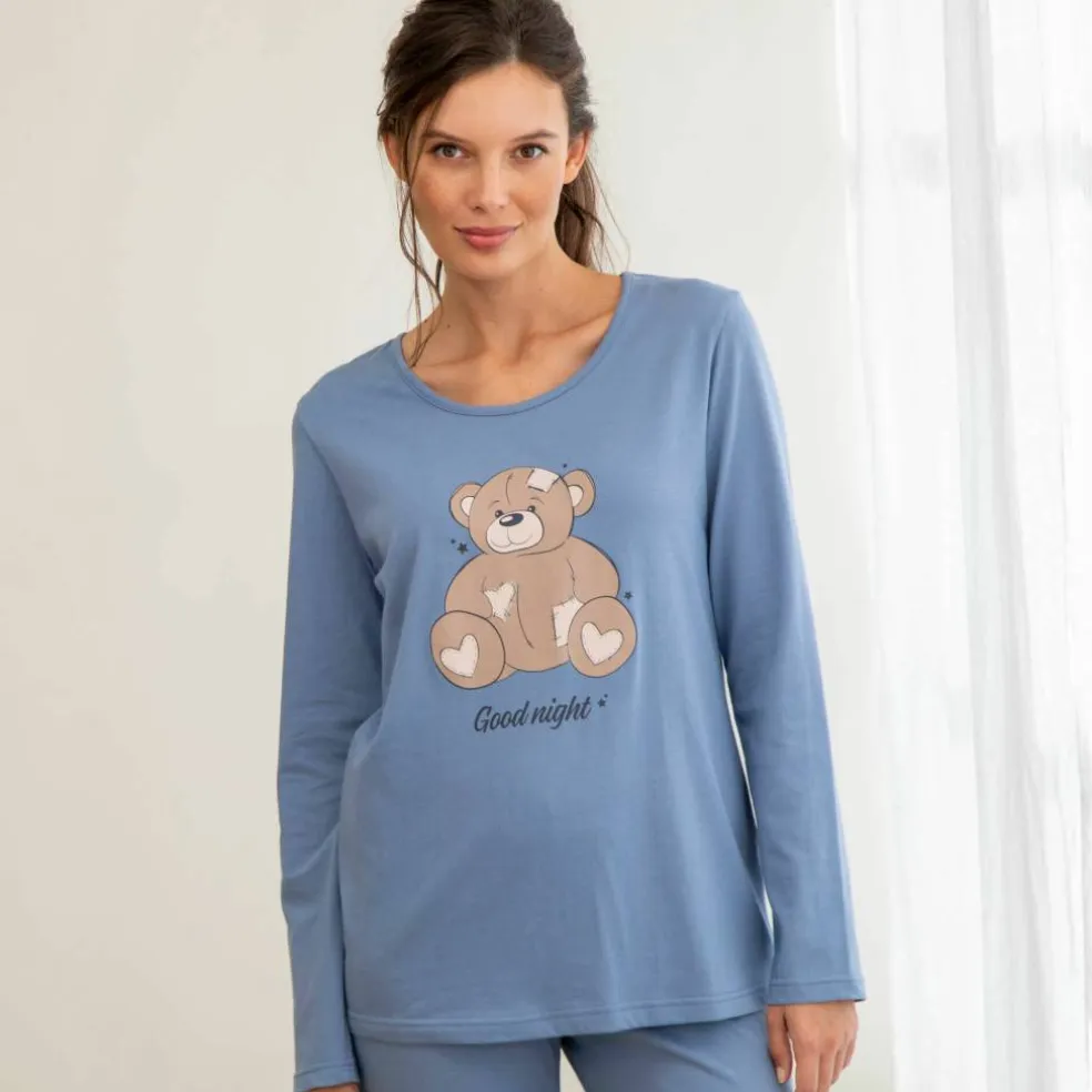Pyjama en coton motif placé ourson manches longues