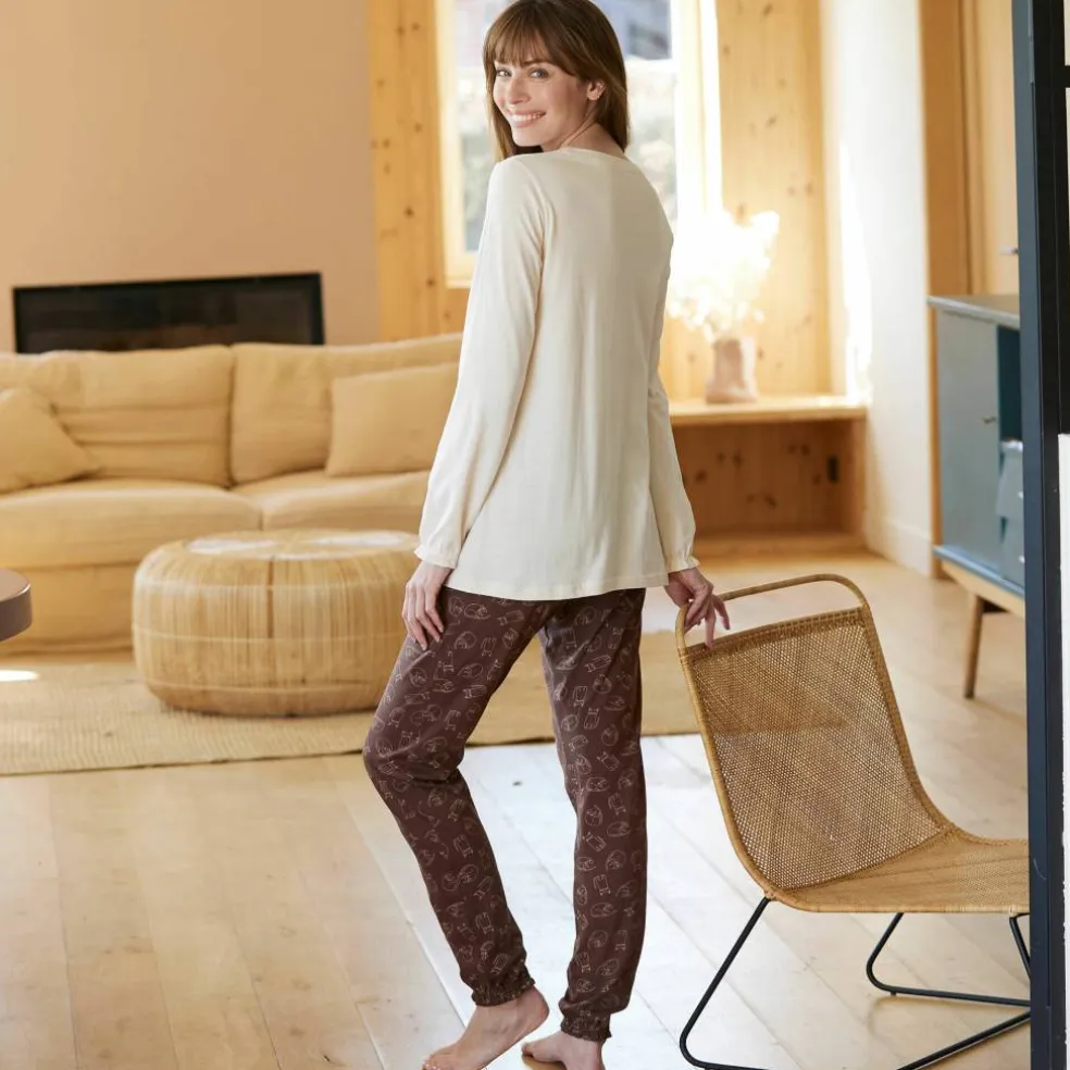 Pyjama motif "chat" manches longues volantées