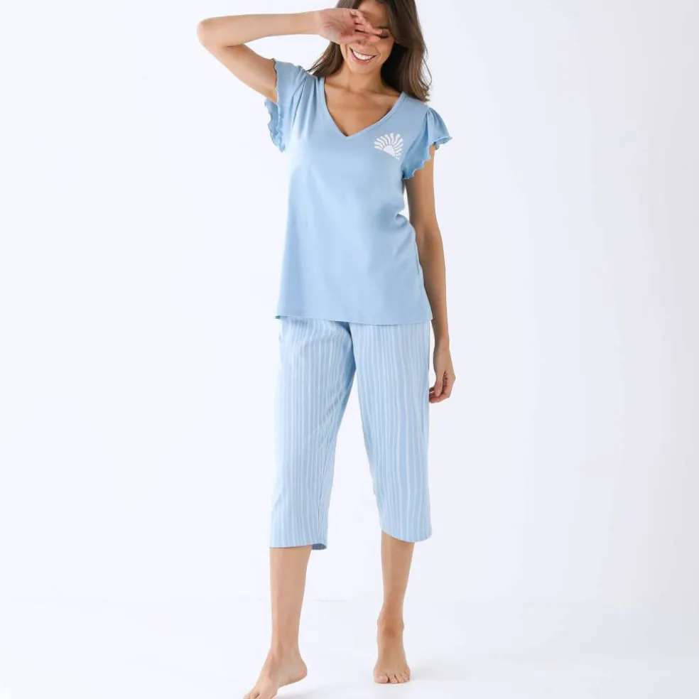 Pyjama pantacourt motif soleil et imprimé rayé