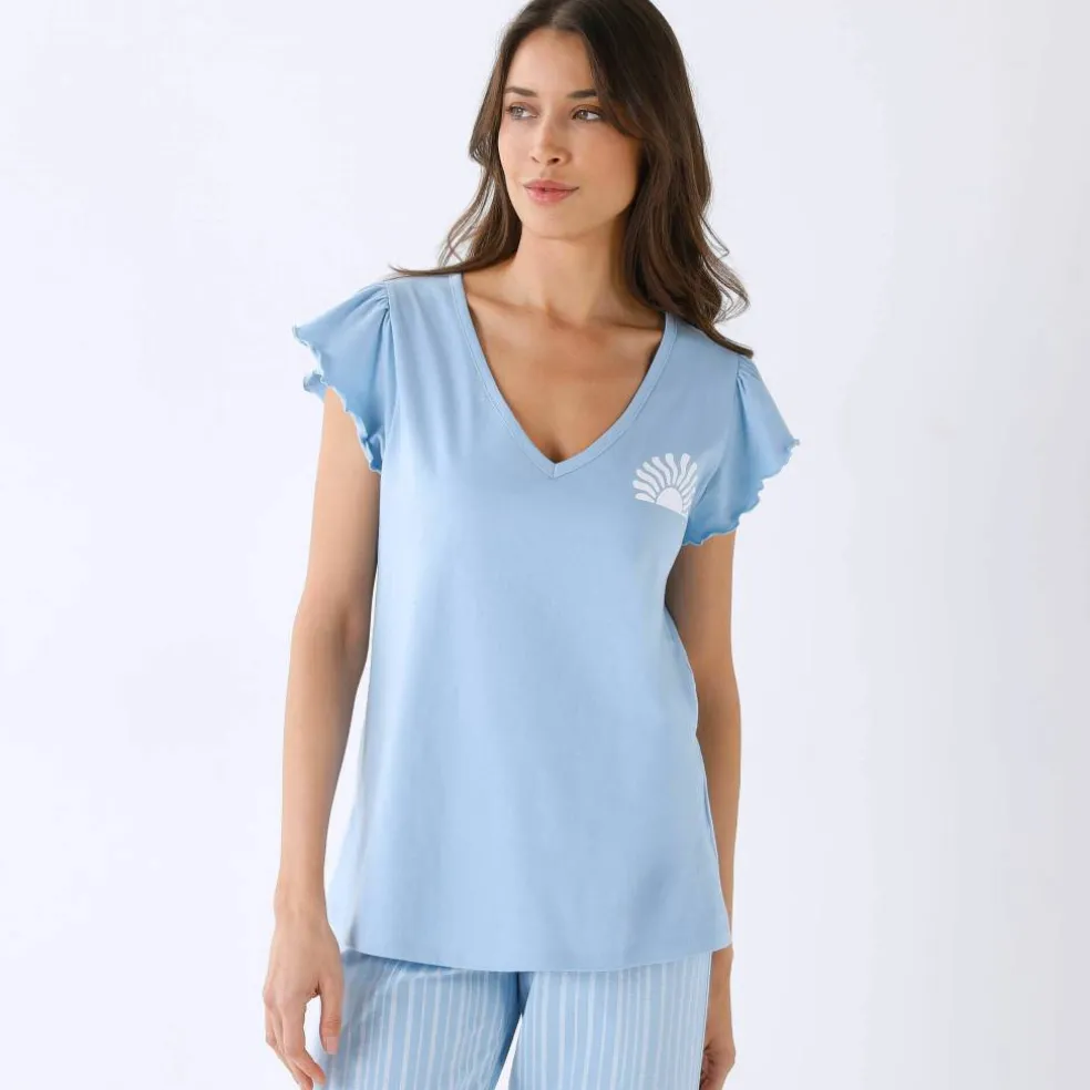 Pyjama pantacourt motif soleil et imprimé rayé