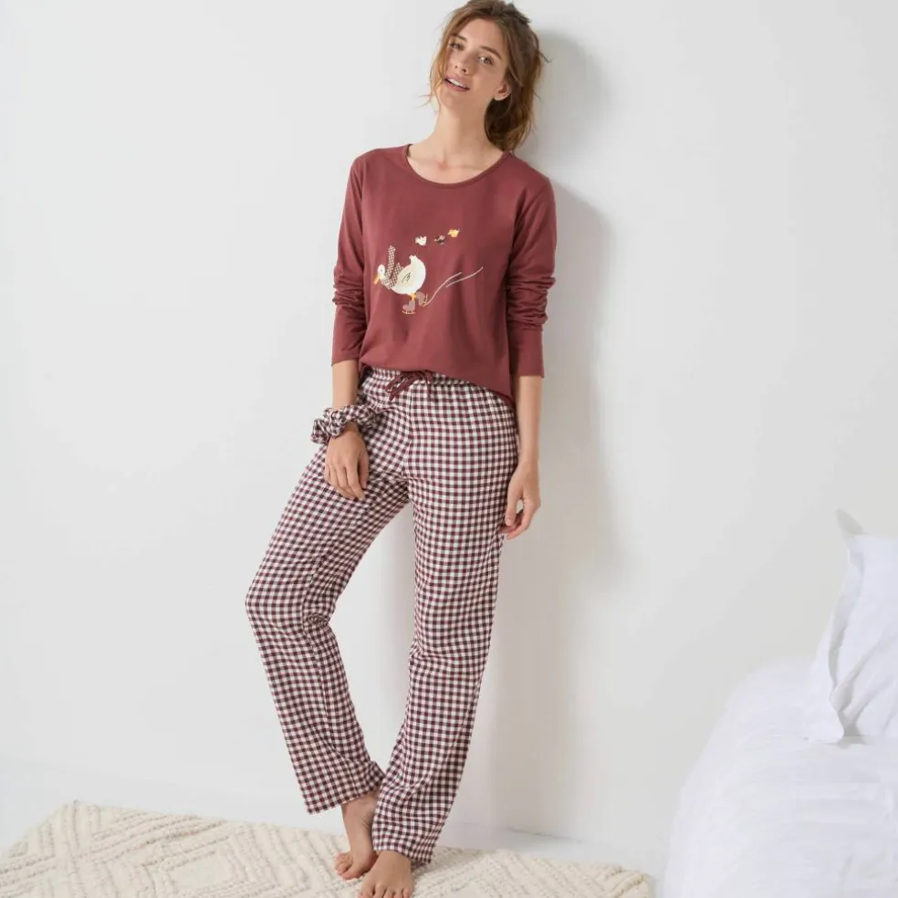 Pyjama pantalon "canards" et vichy en coton-flanelle + chouchou assorti