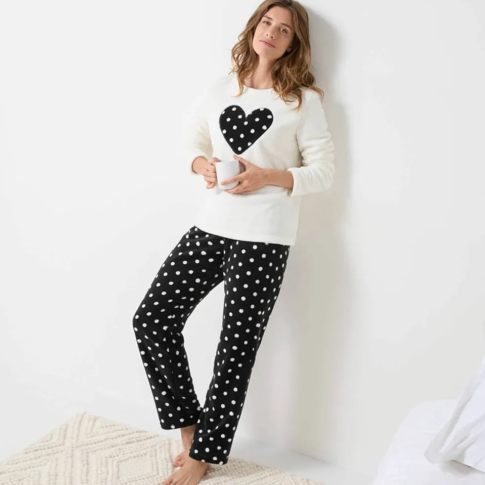 Pyjama pantalon en polaire toucher peluche, motif coeur et pois