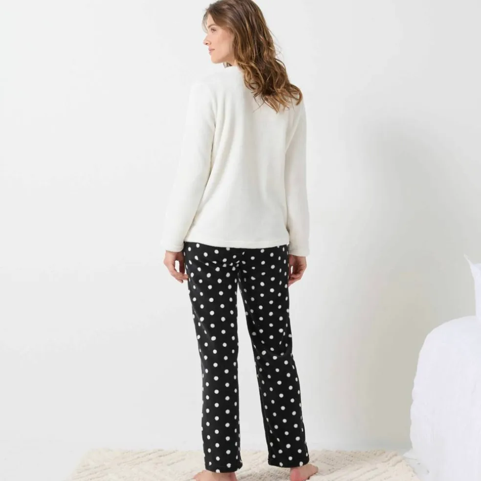 Pyjama pantalon en polaire toucher peluche, motif coeur et pois