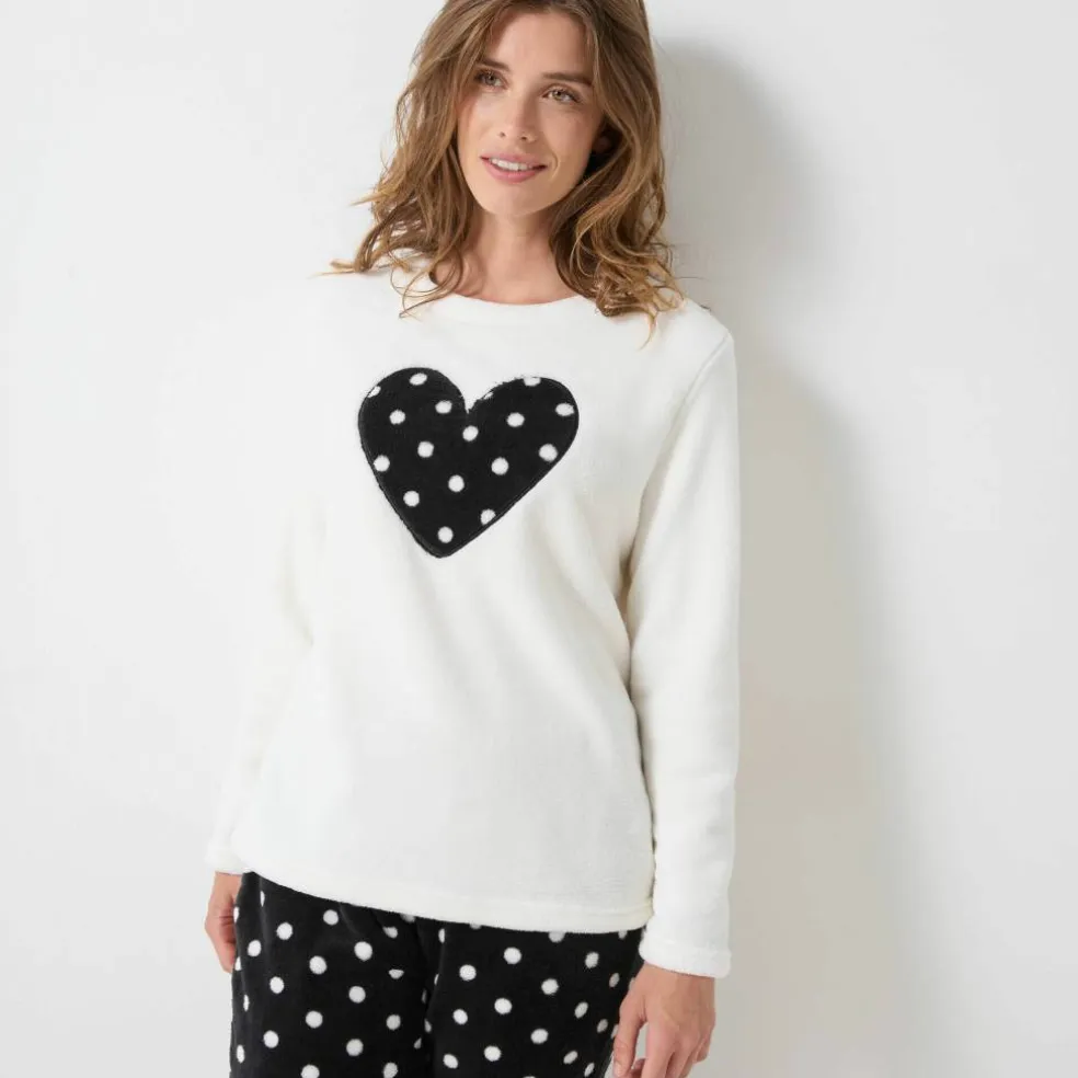 Pyjama pantalon en polaire toucher peluche, motif coeur et pois