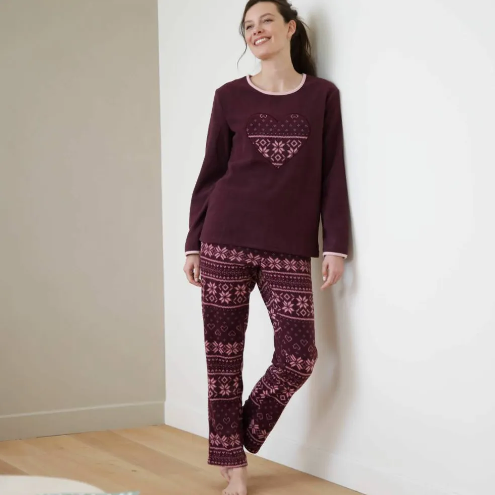 Pyjama pantalon imprimé coeur, maille polaire