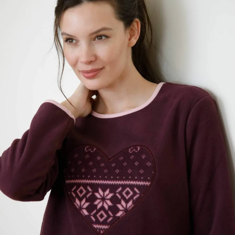 Pyjama pantalon imprimé coeur, maille polaire