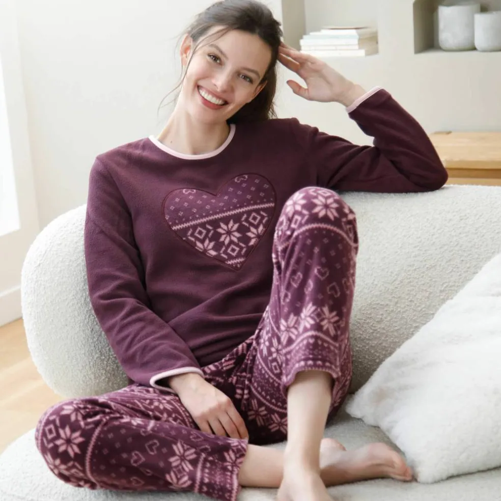 Pyjama pantalon imprimé coeur, maille polaire