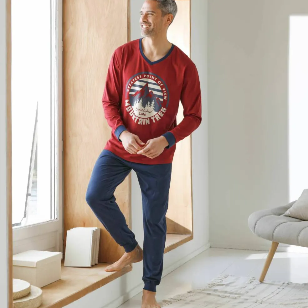 Pyjama pantalon jersey, col V contrasté