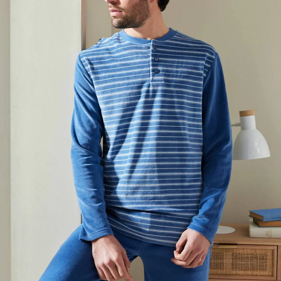 Pyjama pantalon rayé velours manches longues