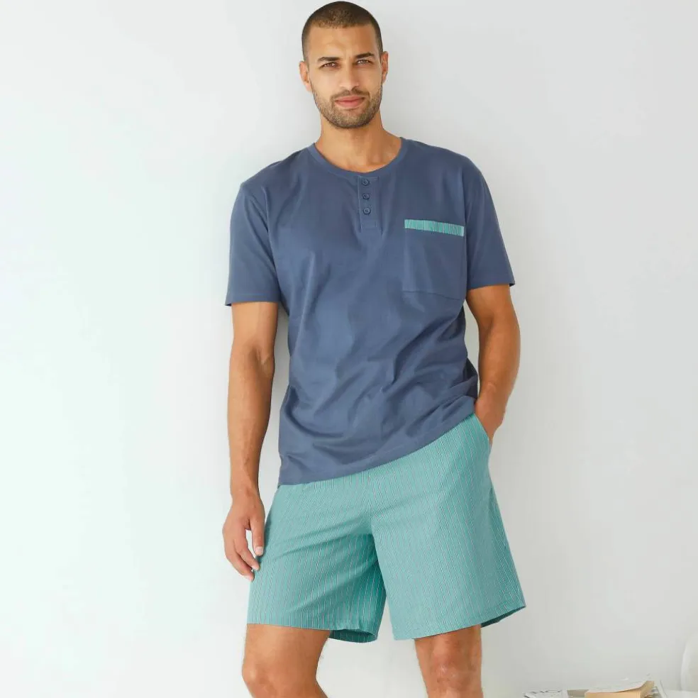 Pyjama short col tunisien bi-matière