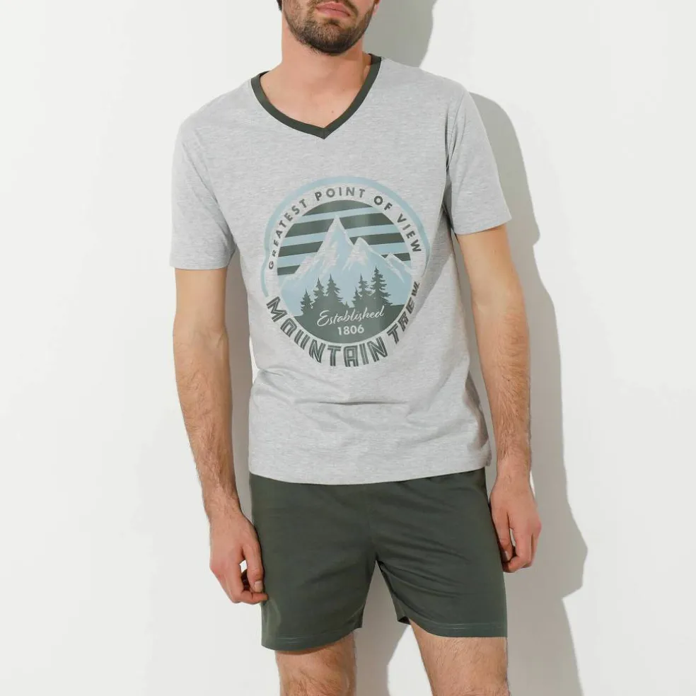 Pyjama short col V contrasté manches courtes
