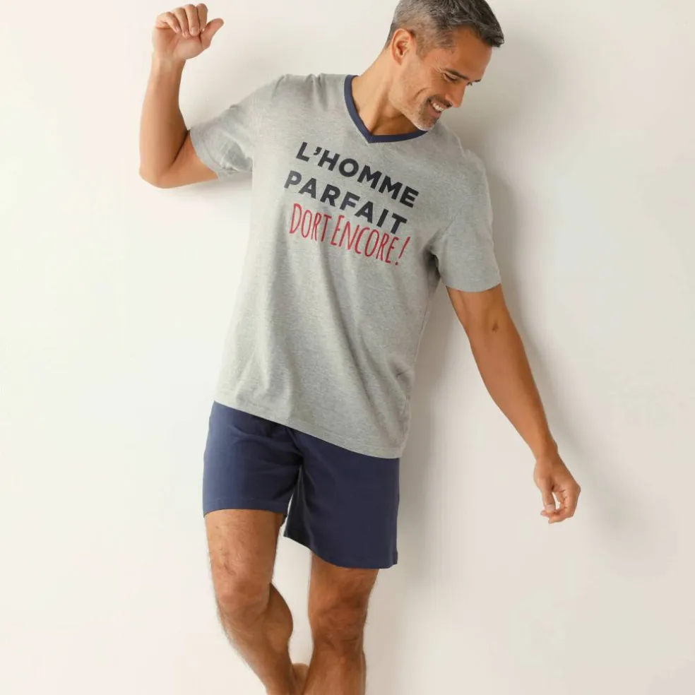 Pyjama short col V imprimé message