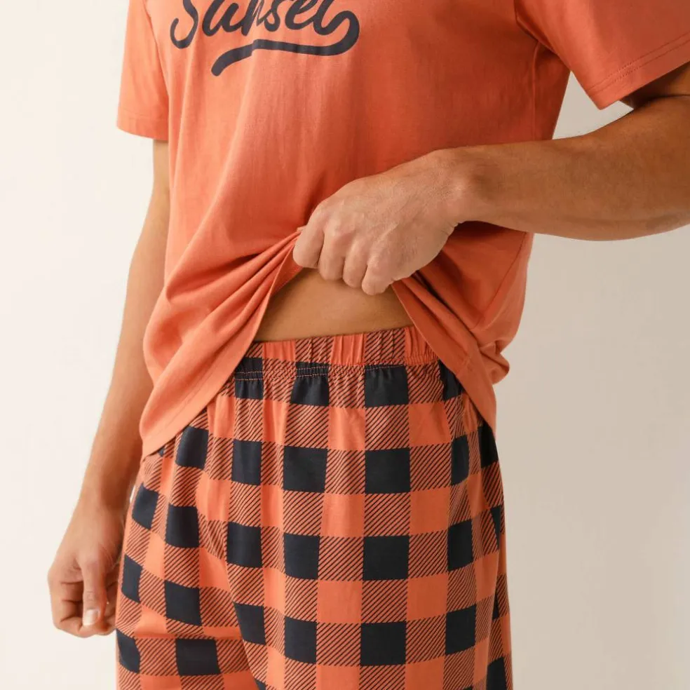 Pyjama short coton carreaux manches courtes