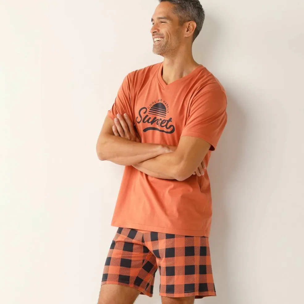 Pyjama short coton carreaux manches courtes