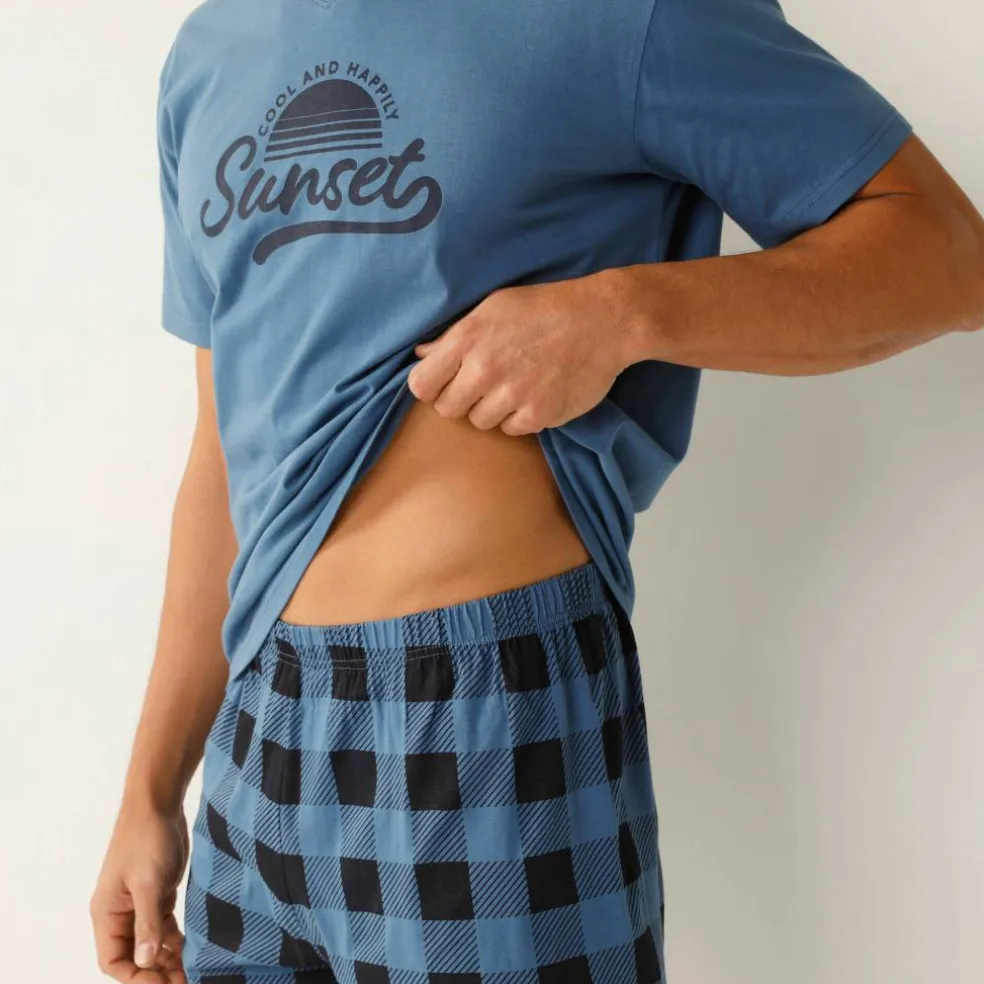 Pyjama short coton carreaux manches courtes