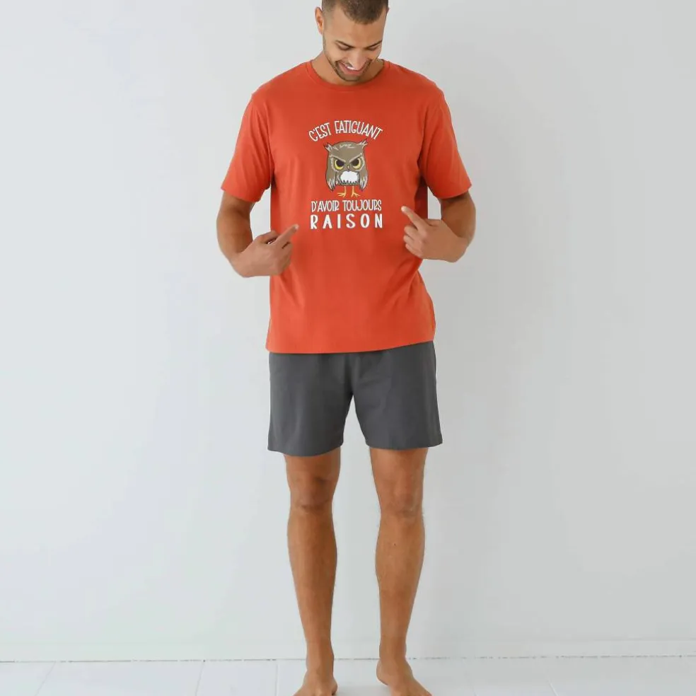 Pyjama short message motif hibou manches courtes
