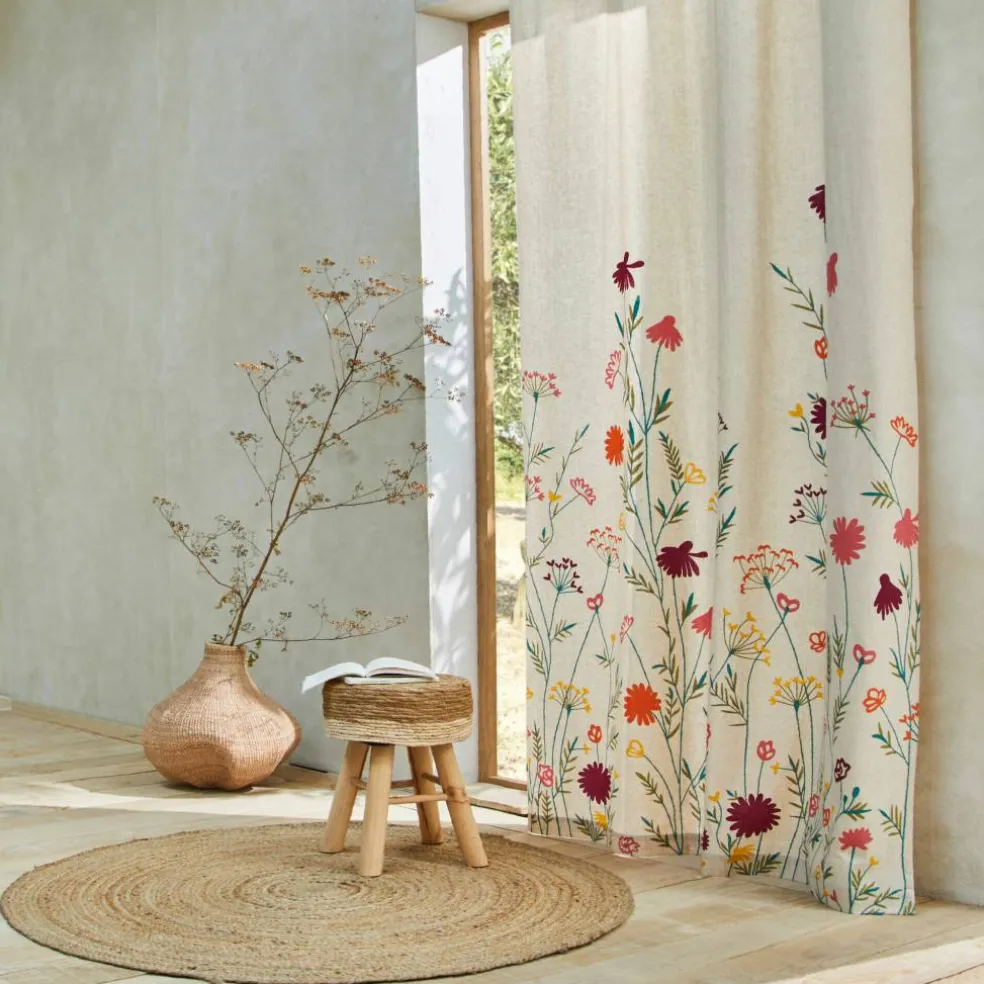 Rideau coton lin base fleurie
