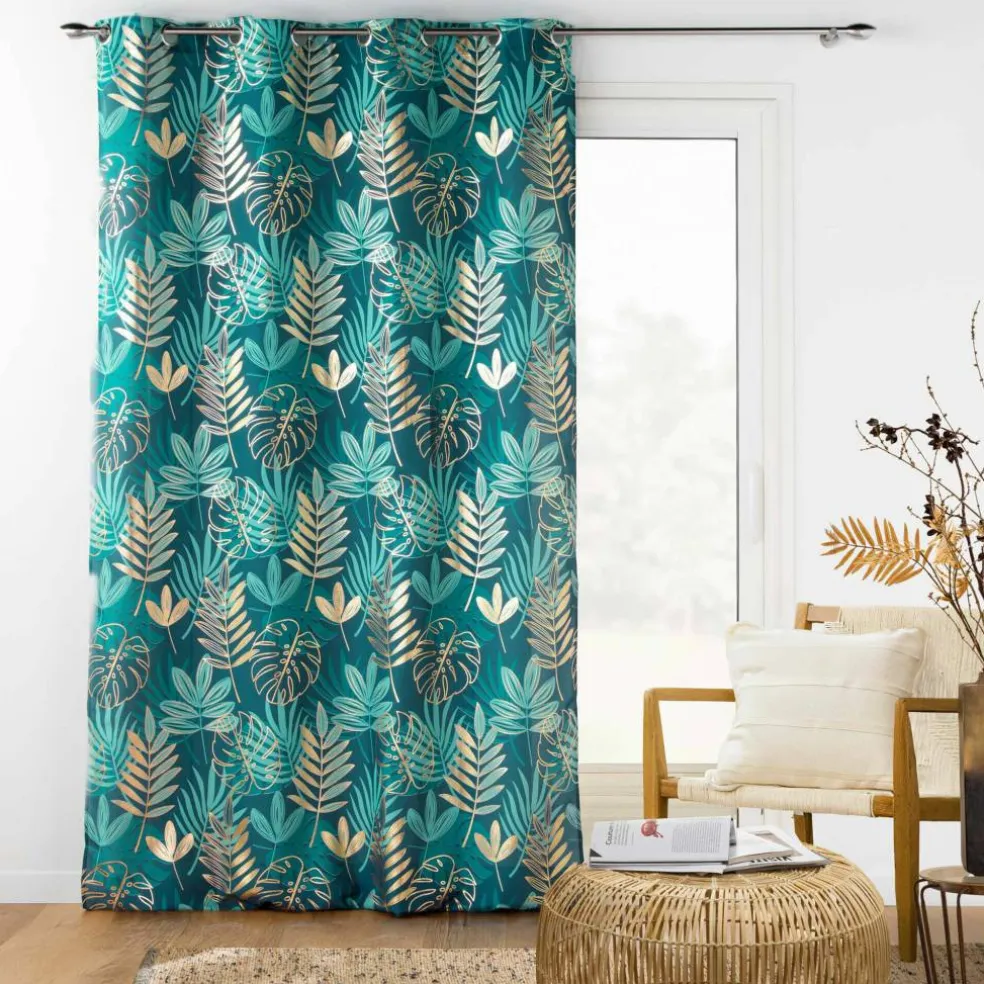 Rideau à œillets motif tropical, détails métallisés