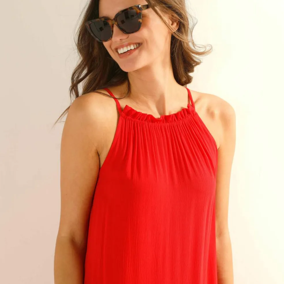 Robe aux fines bretelles, crépon fluide