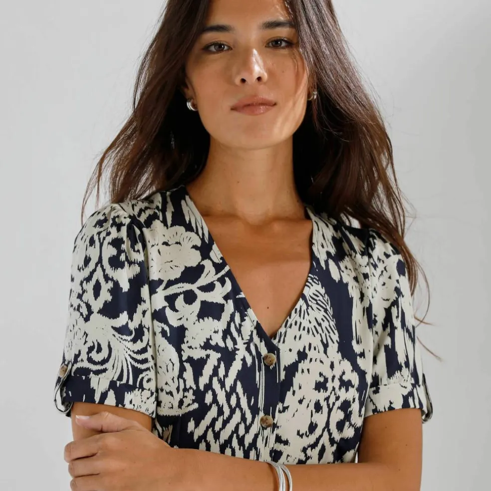 Robe boutonnée imprimée, manches courtes