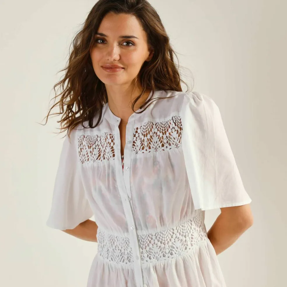 Robe boutonnée macramé, manches coudes évasées