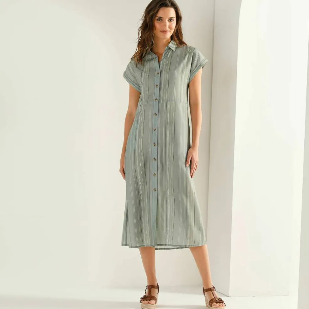 Robe chemise rayée, manches courtes, coton fils tissés teints