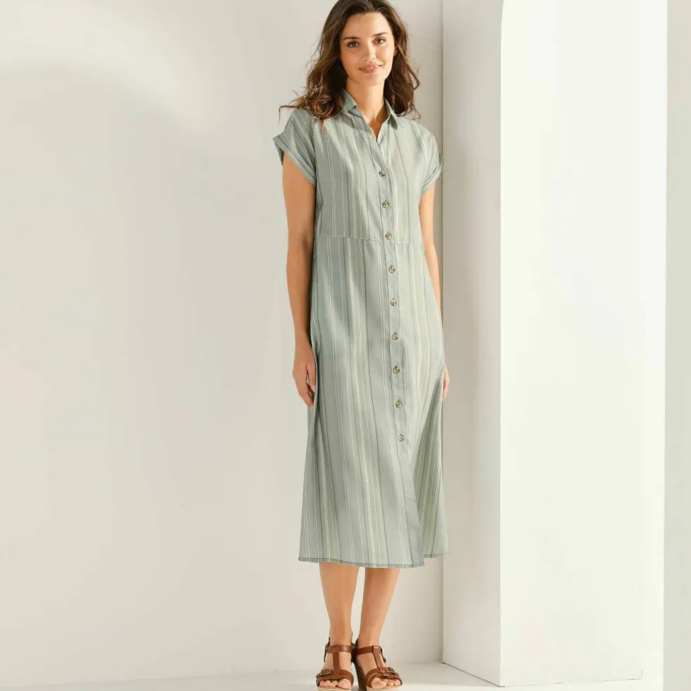 Robe chemise rayée, manches courtes, coton fils tissés teints