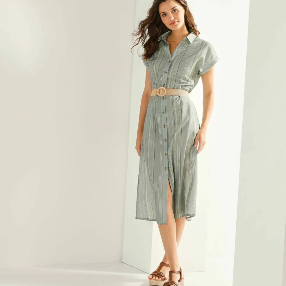 Robe chemise rayée, manches courtes, coton fils tissés teints