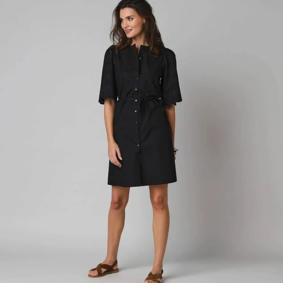 Robe-chemisier en coton uni, à manches coudes en broderies anglaises