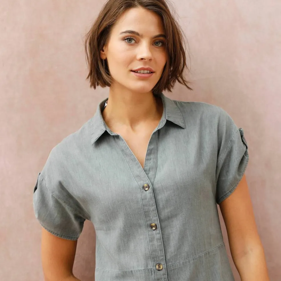 Robe-chemisier longue en jean, manches courtes