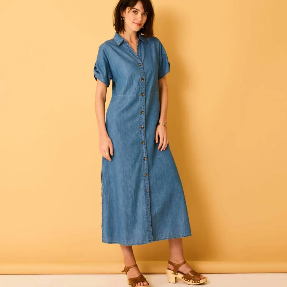 Robe-chemisier longue en jean, manches courtes