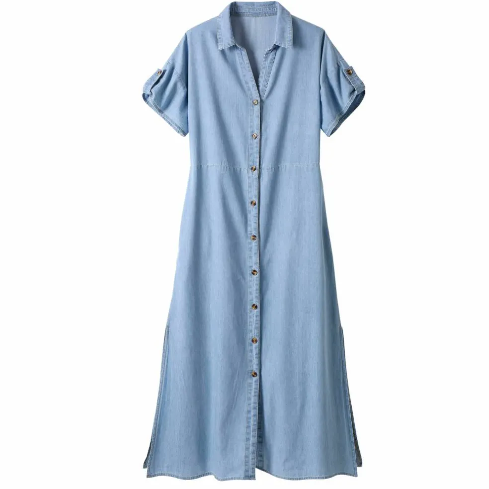Robe-chemisier longue en jean, manches courtes