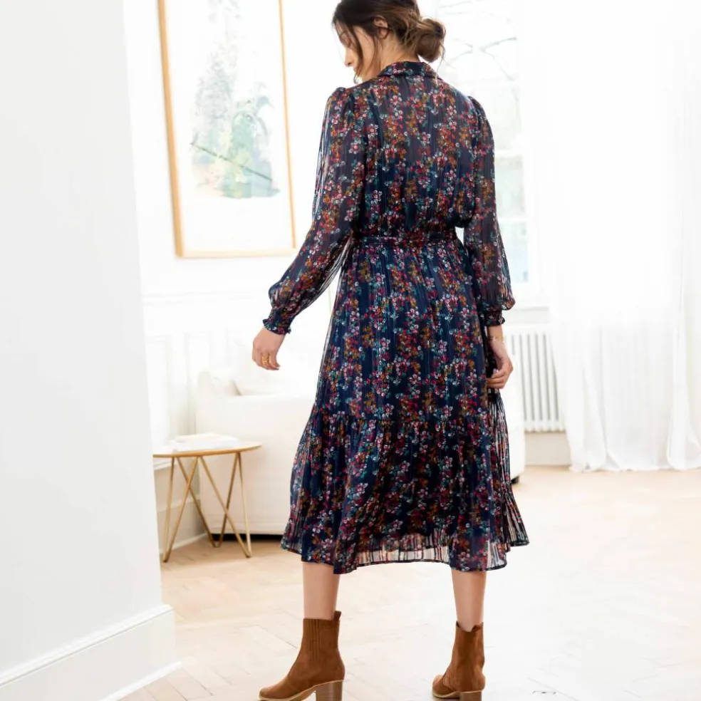 Robe-chemisier longue en voile jacquard imprimé floral