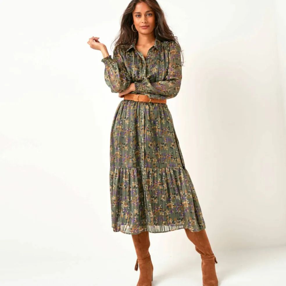 Robe-chemisier longue en voile jacquard imprimé floral