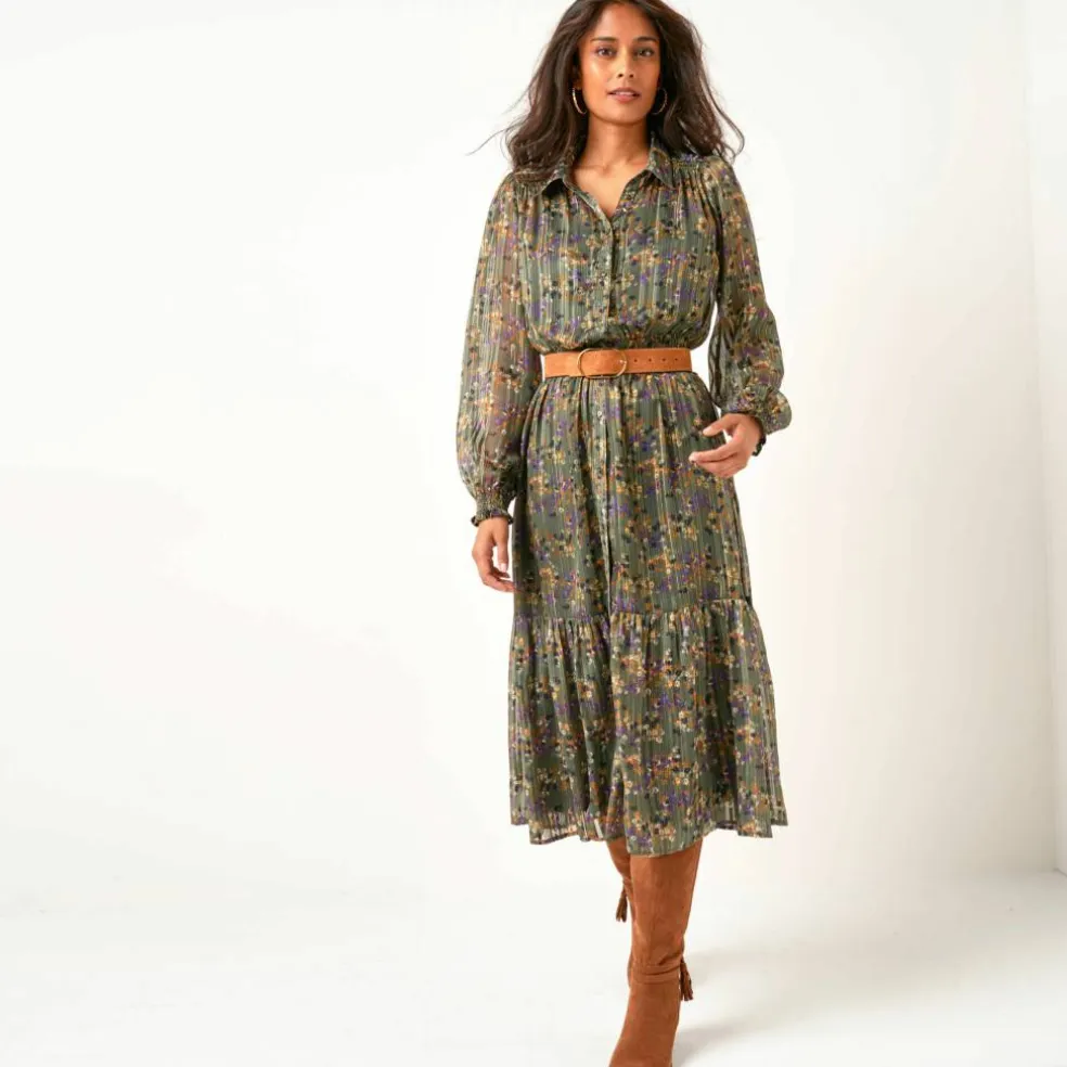 Robe-chemisier longue en voile jacquard imprimé floral