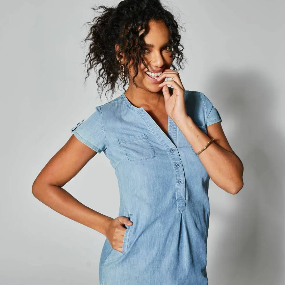 Robe col tunisien, denim léger