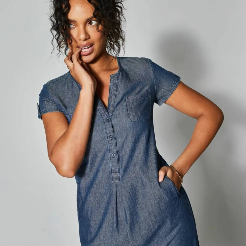 Robe col tunisien, denim léger