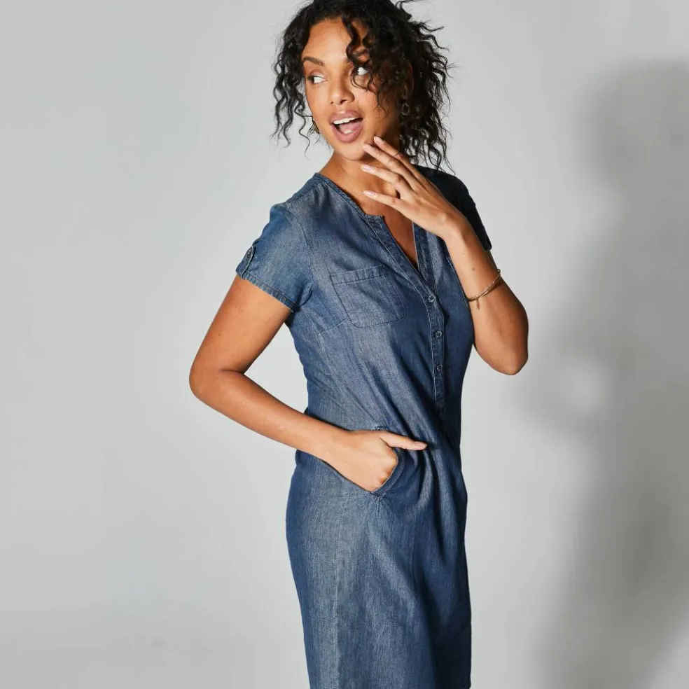 Robe col tunisien, denim léger