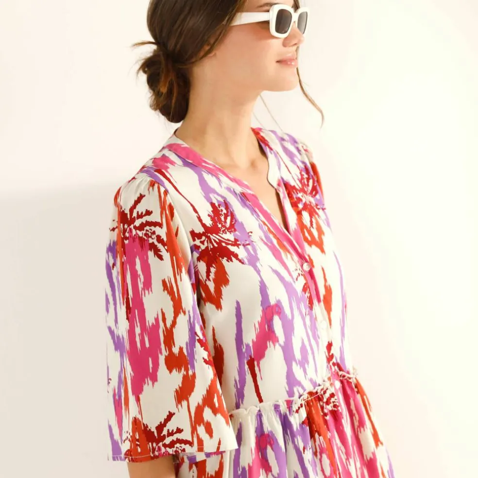 Robe col tunisien imprimée, manches évasées